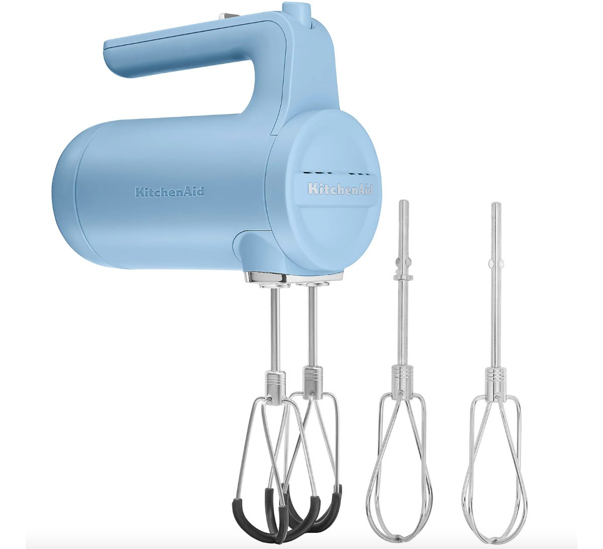 blue cordless hand mixer with beaters
