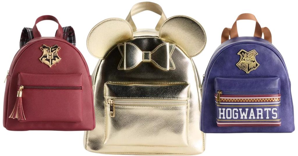 harry potter red backpack, gold minnie mouse backpack and purple hogwarts backpack