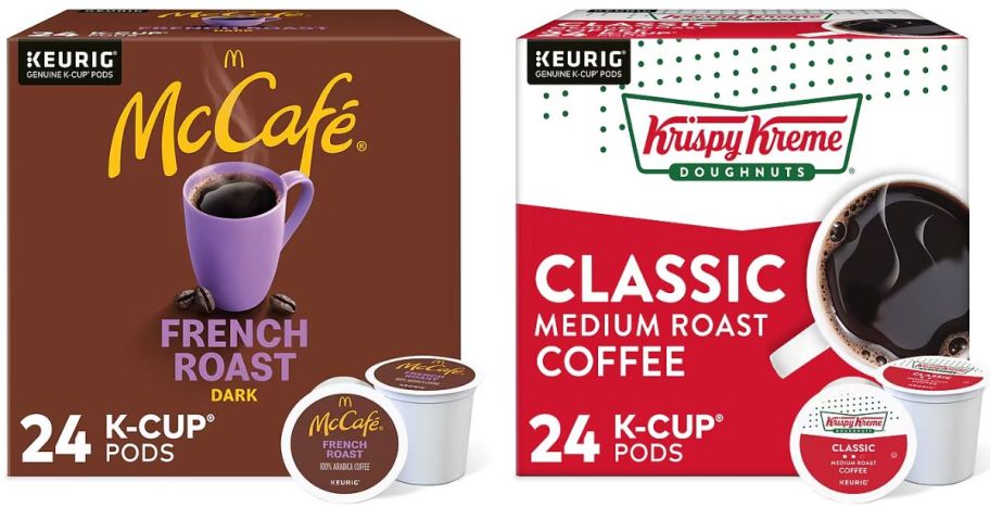 24 count boxes of mccafe and krispy kreme k-cups stock images