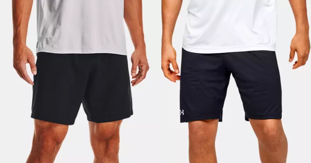 two men wearing blue and black under armour shorts