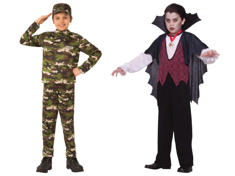 kids wearing military and vampire costumes