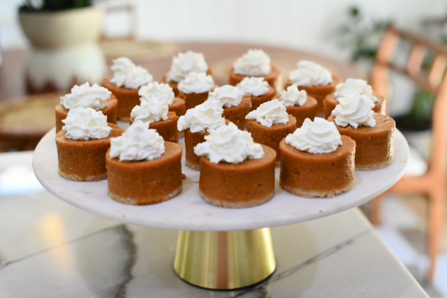 mini pumpkin pie bites on a cake plate