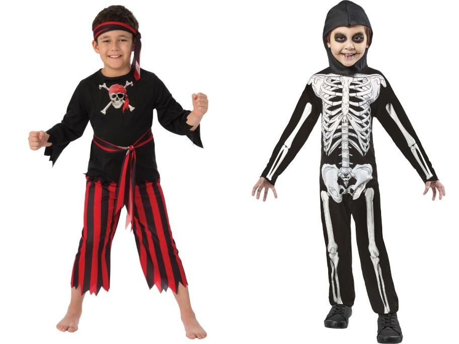 kids wearing pirate and skelton costumes