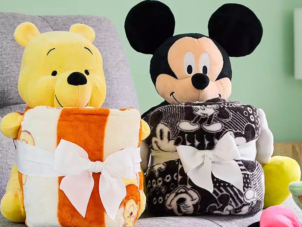 pooh bear and mickey mouse plush and blanket set