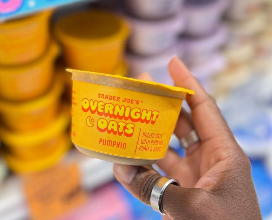 a woman's hand holding a container of pumpkin yogurt