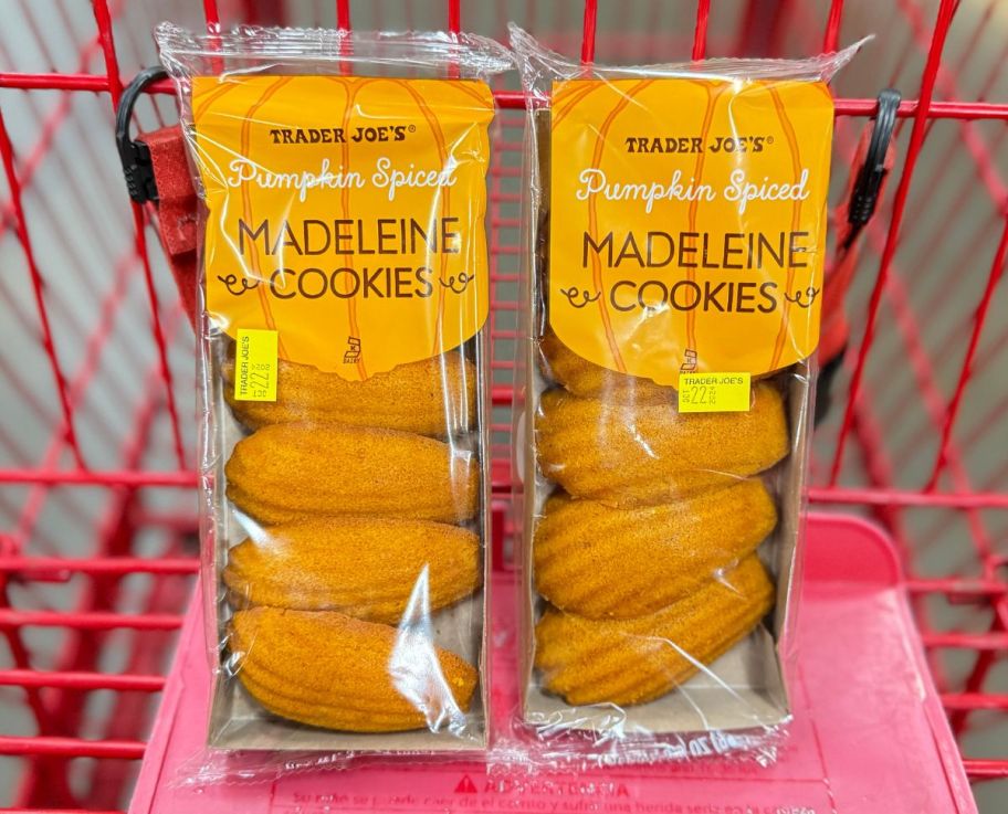 two packages of pumpkin spiced madeleines in a shopping cart