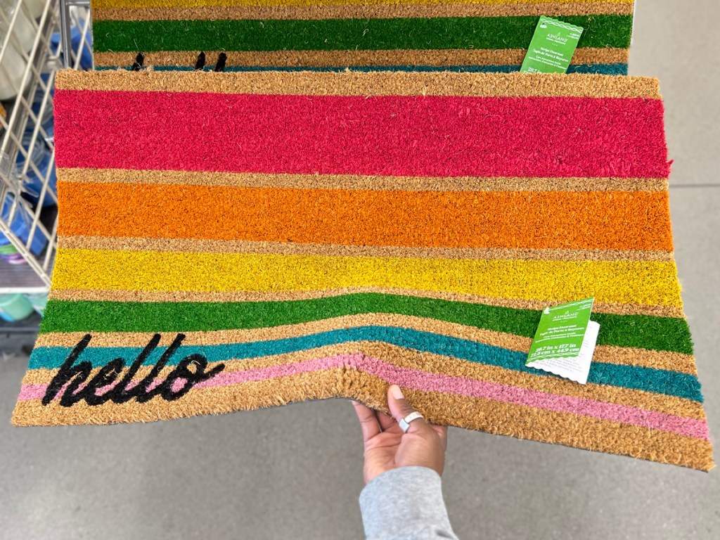 hand holding rainbow striped doormat