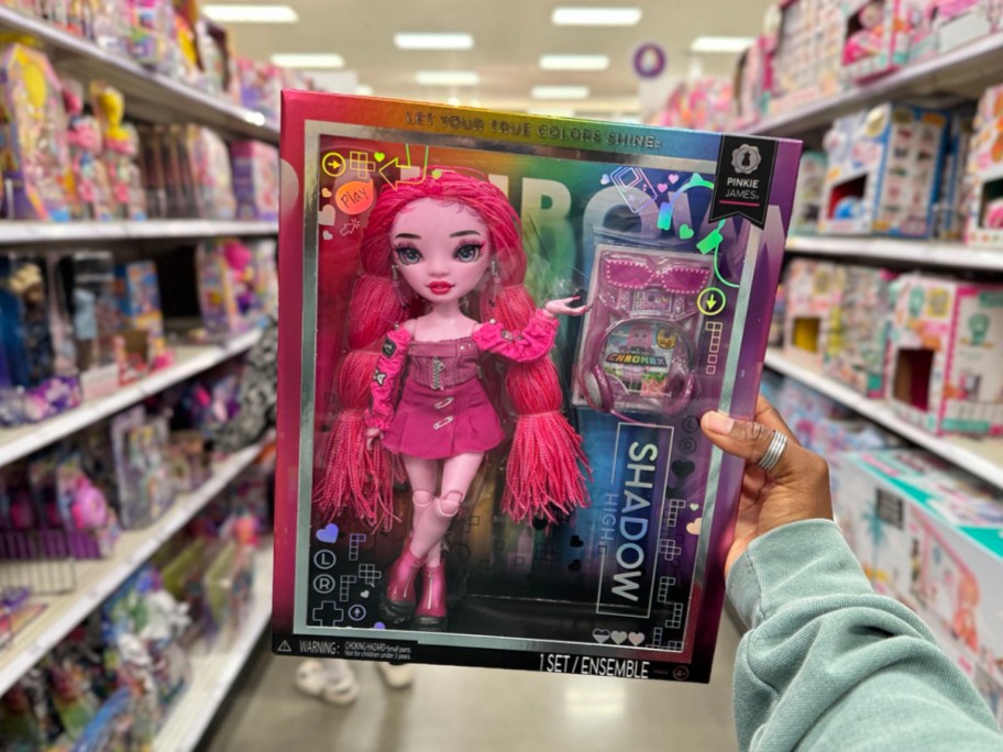 hand holding rainbow high pink doll