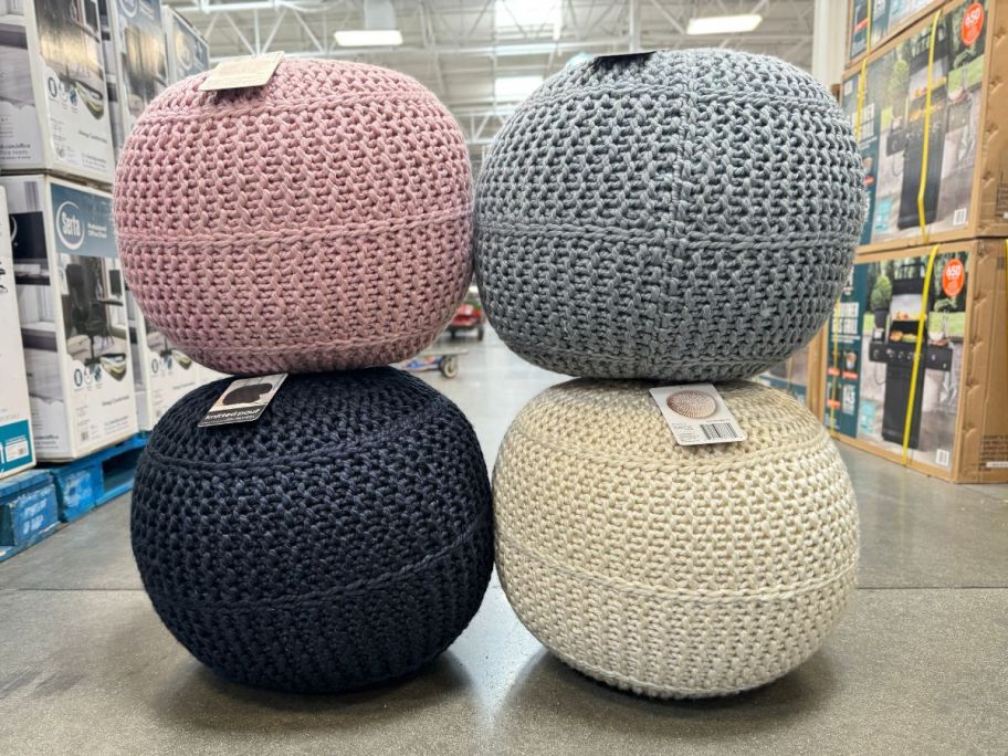 BirdRock Home Hand-Knitted LIghtweight Poufs stacked in store in aisle