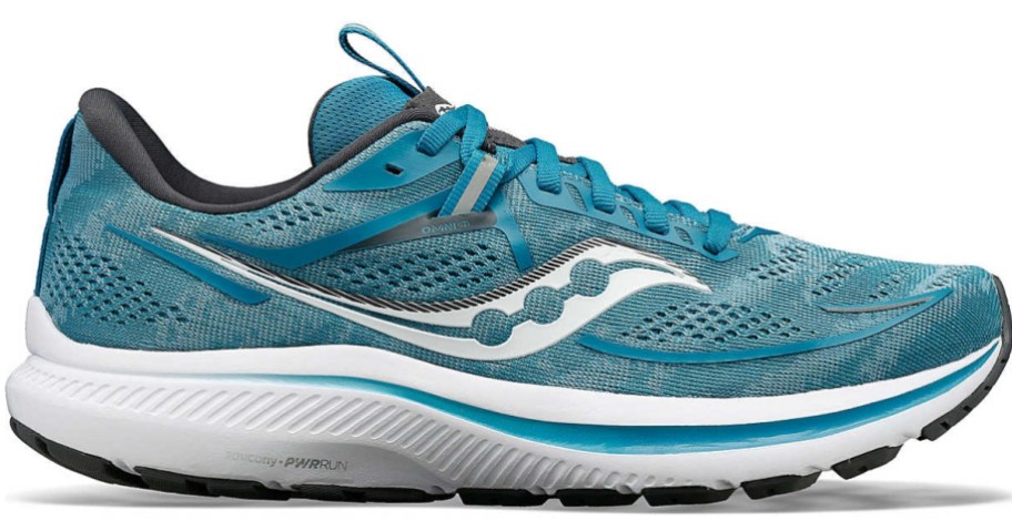 teal green, silver and white Saucony running shoe