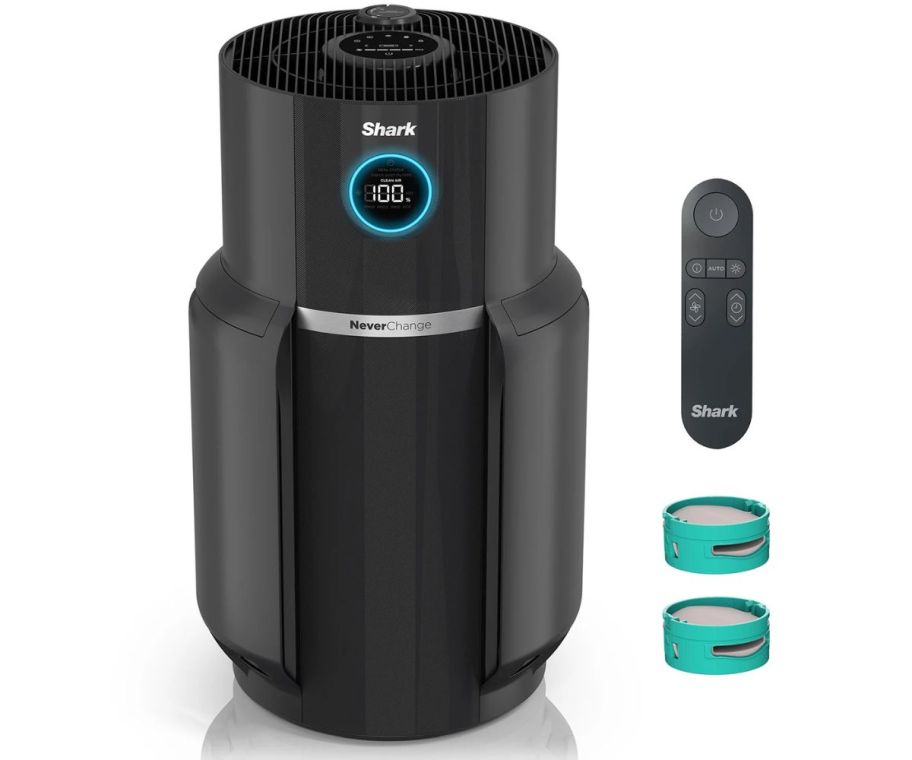 shark air purifier with remote and two odor neutralizer cartridges on a white backgorund