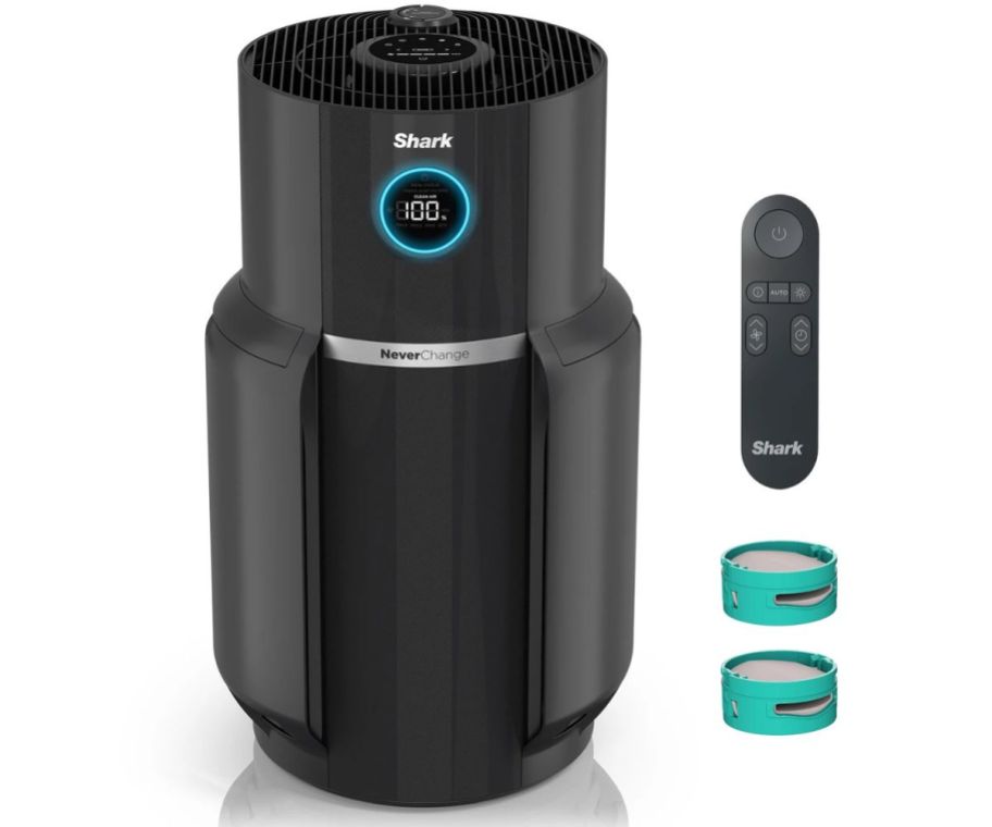 shark air purifier with remote and two odor neutralizer cartridges on a white backgorund