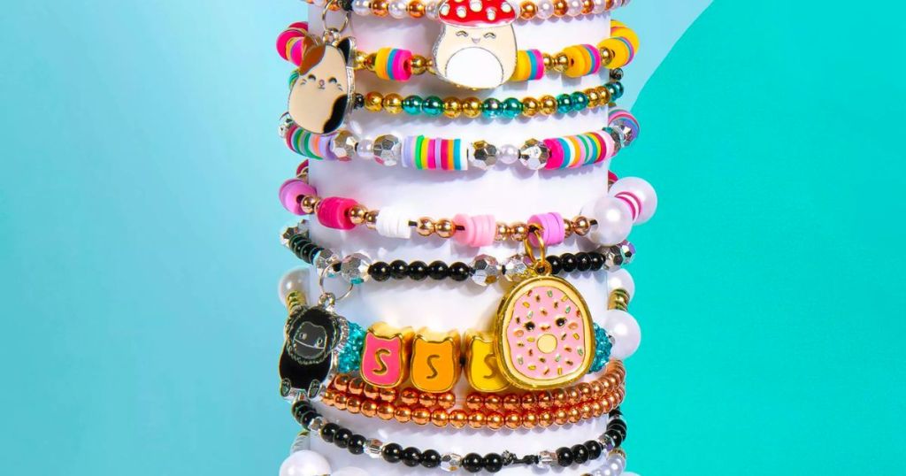 many colorful bracelets made from the squishmallows bracelet kit