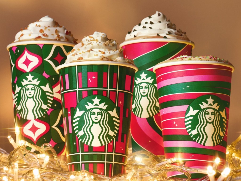 4 Starbucks holiday beverages among Christmas lights