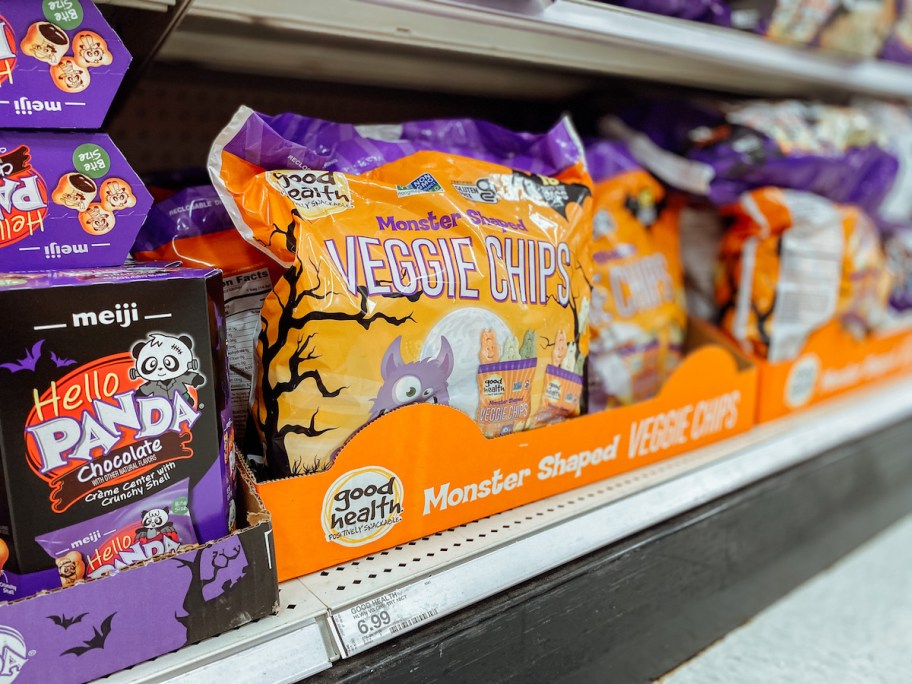 bags of monster shaped veggie chips on store shelf