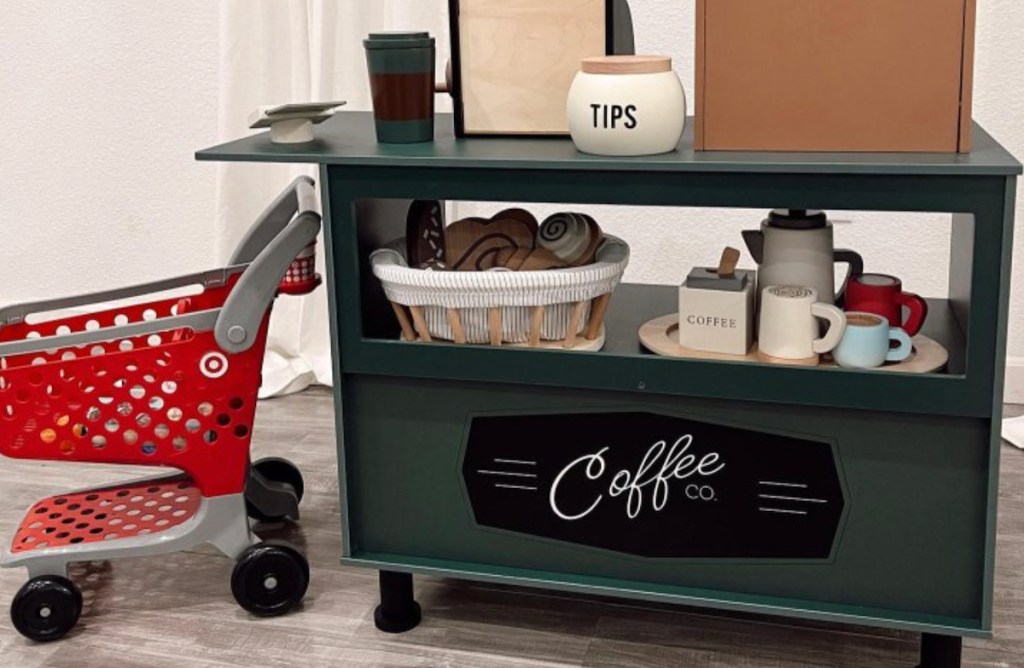 coffee barista station play toy with target cart on carpet