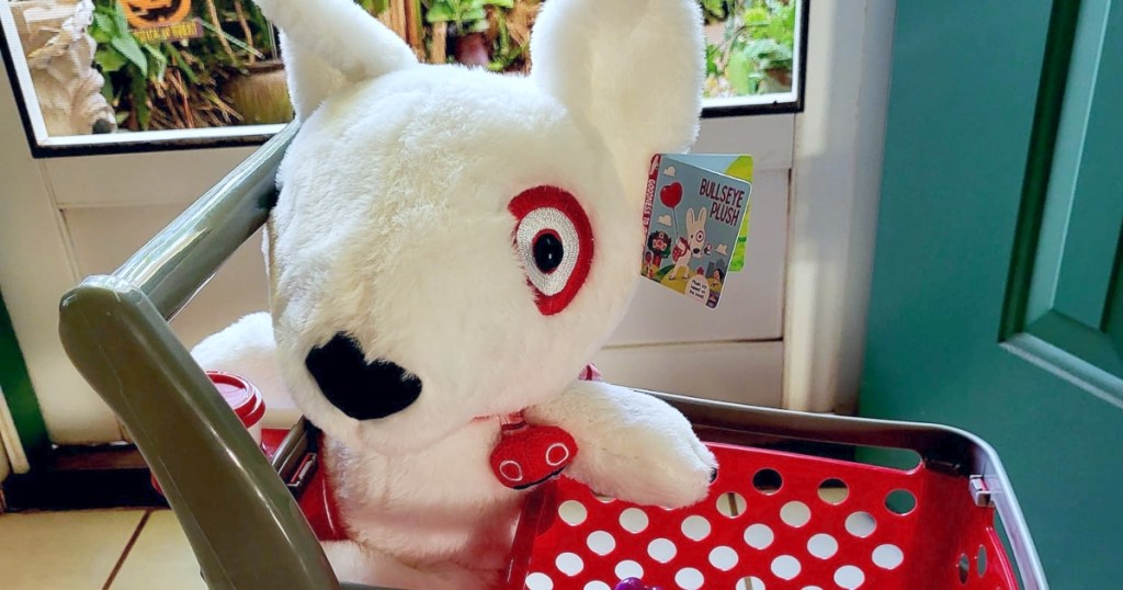 plush white dog in toy Target shopping cart