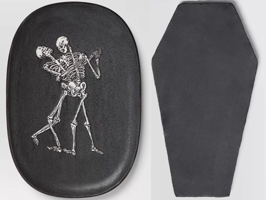 black skeleton and coffin shaped platters