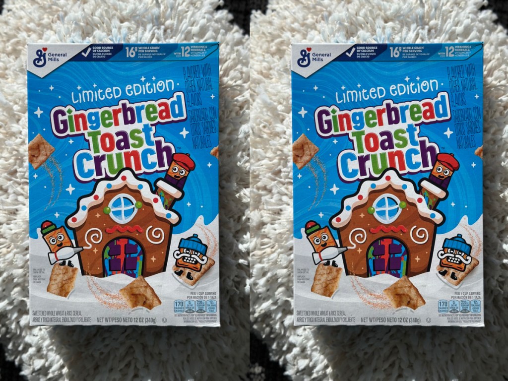 two images of gingerbread toast crunch new cereal displayed on a white bed