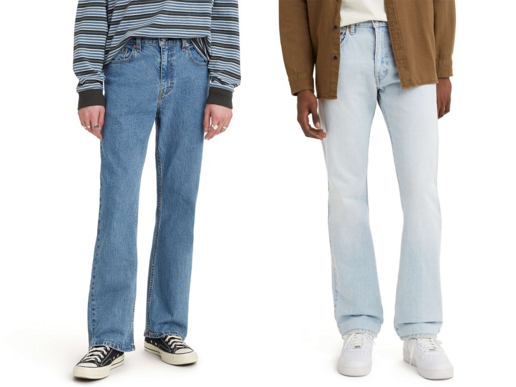two male models wearing Levis jeans in two different colors