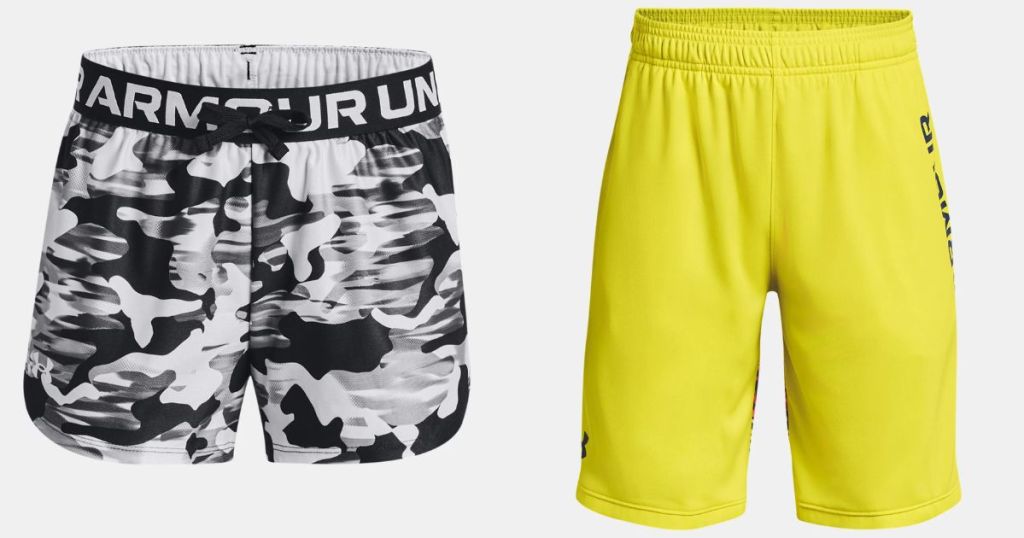 black and white under armour shorts and neon yellow under armour shorts