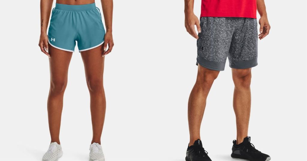 woman wearing blue and white under armour shorts and man wearing gray speckled under armour shorts