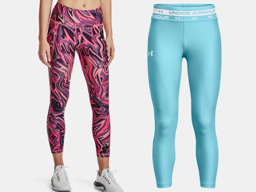 woman wearing pink and black swirling leggings and pair of blue and white under armour leggings