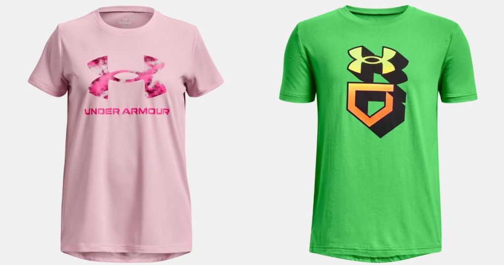 pink graphic under armour tee and green under armour graphic tee