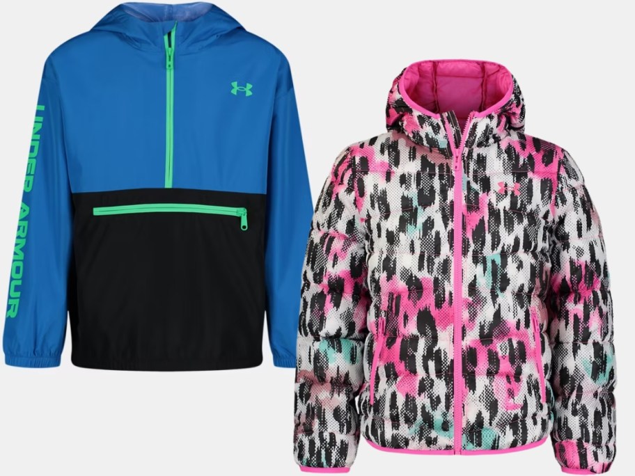 Under Armour kids jackets, one is blue and black pullover style and one is a pink animal print zip up jacket with a hood