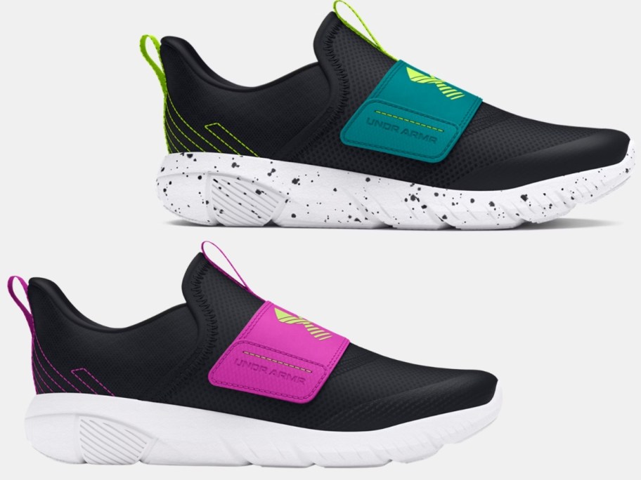 Under Armour kids sneakers in black and white, one has green accents, one has purple accents