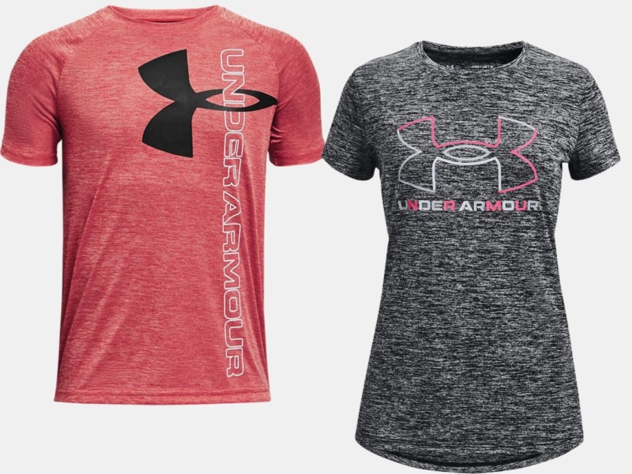 kid's Under Armour logo tshirts, one is a light reddish color and the other is heathered dark grey