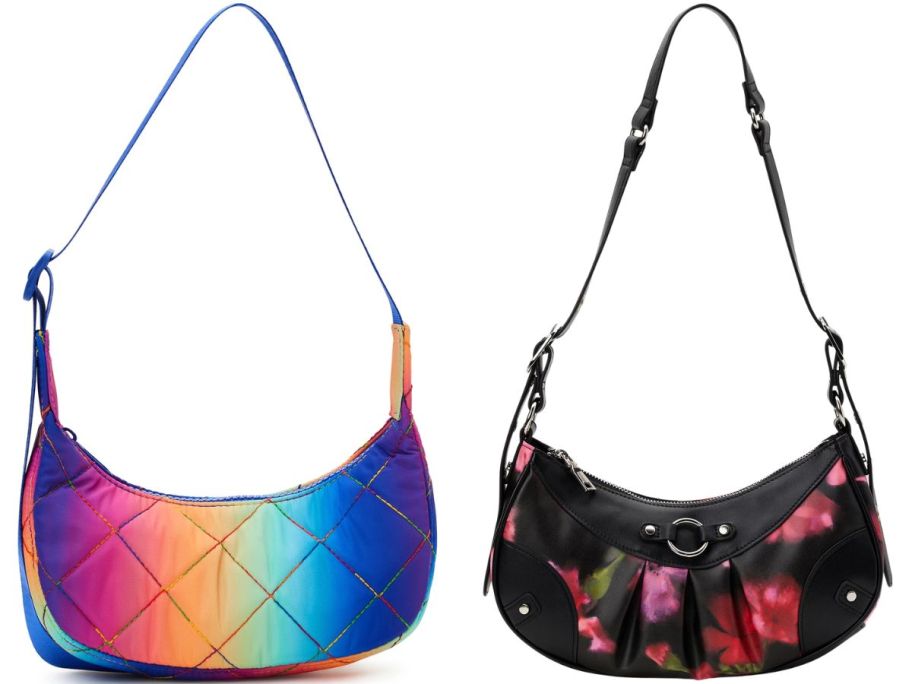 mini hobo style purses one in a rainbow ombre color and the other in a black and red floral pattern