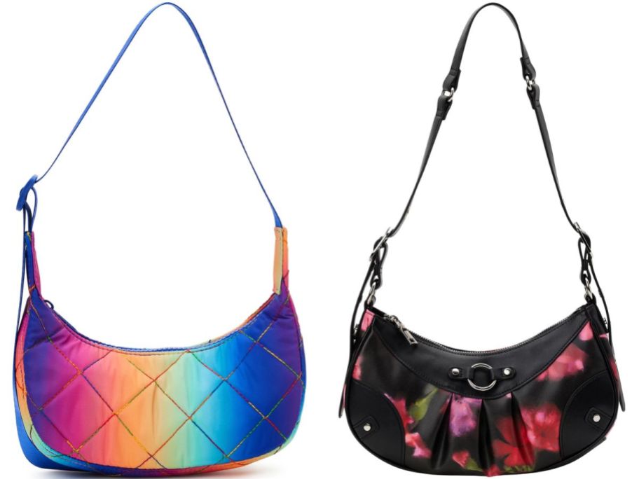mini hobo style purses one in a rainbow ombre color and the other in a black and red floral pattern