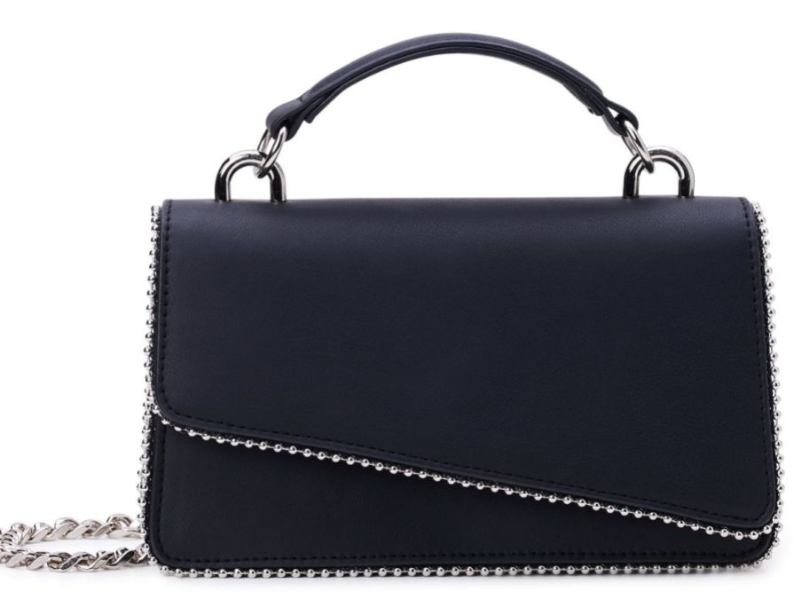 small handbag in black with silver accents around the flap and a chain