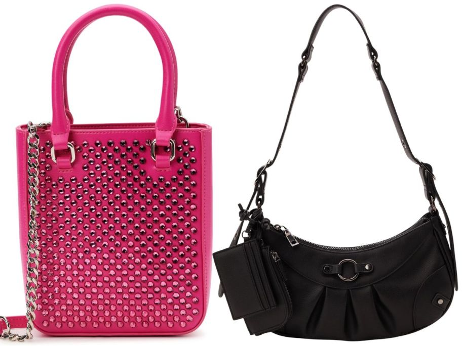 bucket style handbag in hot pink with silver embellishments and a black hobo style purse