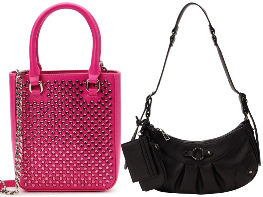 bucket style handbag in hot pink with silver embellishments and a black hobo style purse