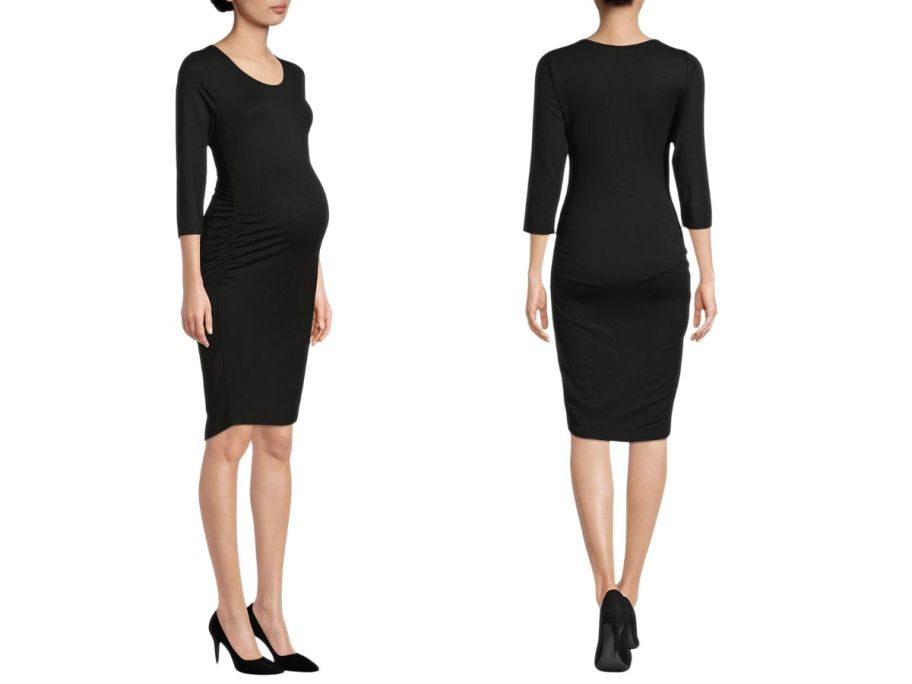 woman wearing walmart maternity dress showing front and back