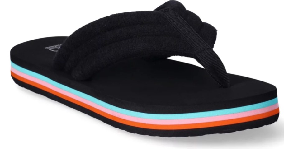 women's flip flop in black with multi colors sole