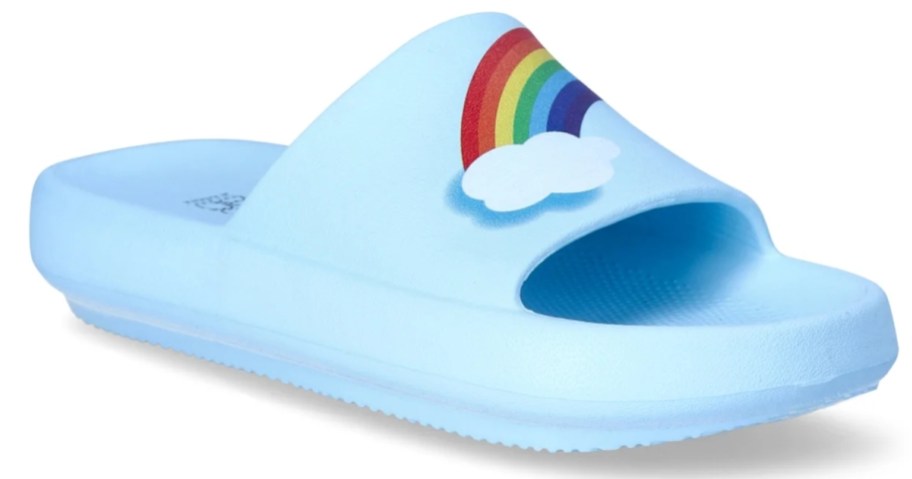 blue pair of women's slides with a rainbow on the top