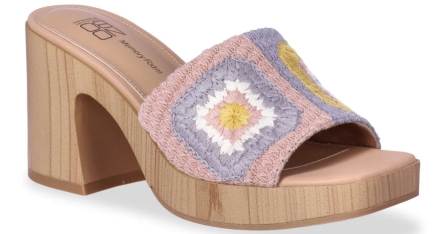 women's wood look heel sandal with crochet strap top