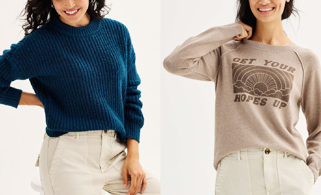 women-wearing-crew-neck-sweaters-from-kohls كنزات كول للنساء من 14.99 دولارًا (العادي 44 دولارًا)