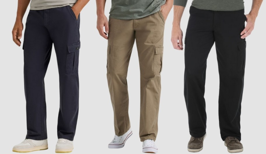 three men wearing the same style of cargo pants in different colors