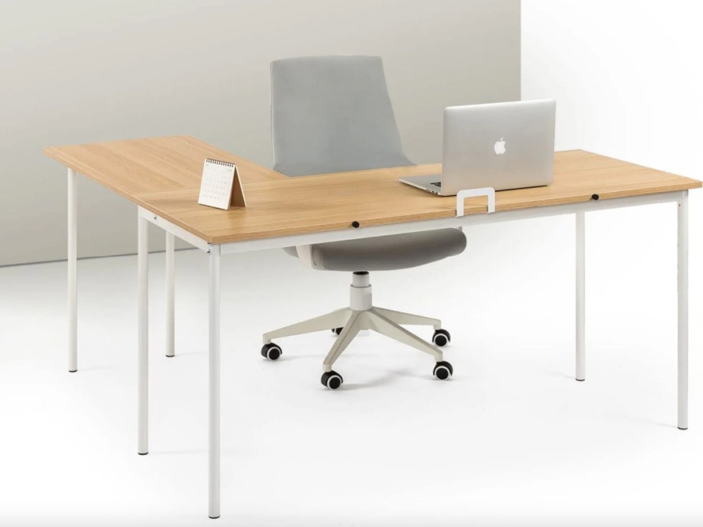 white and wood metal corner desk