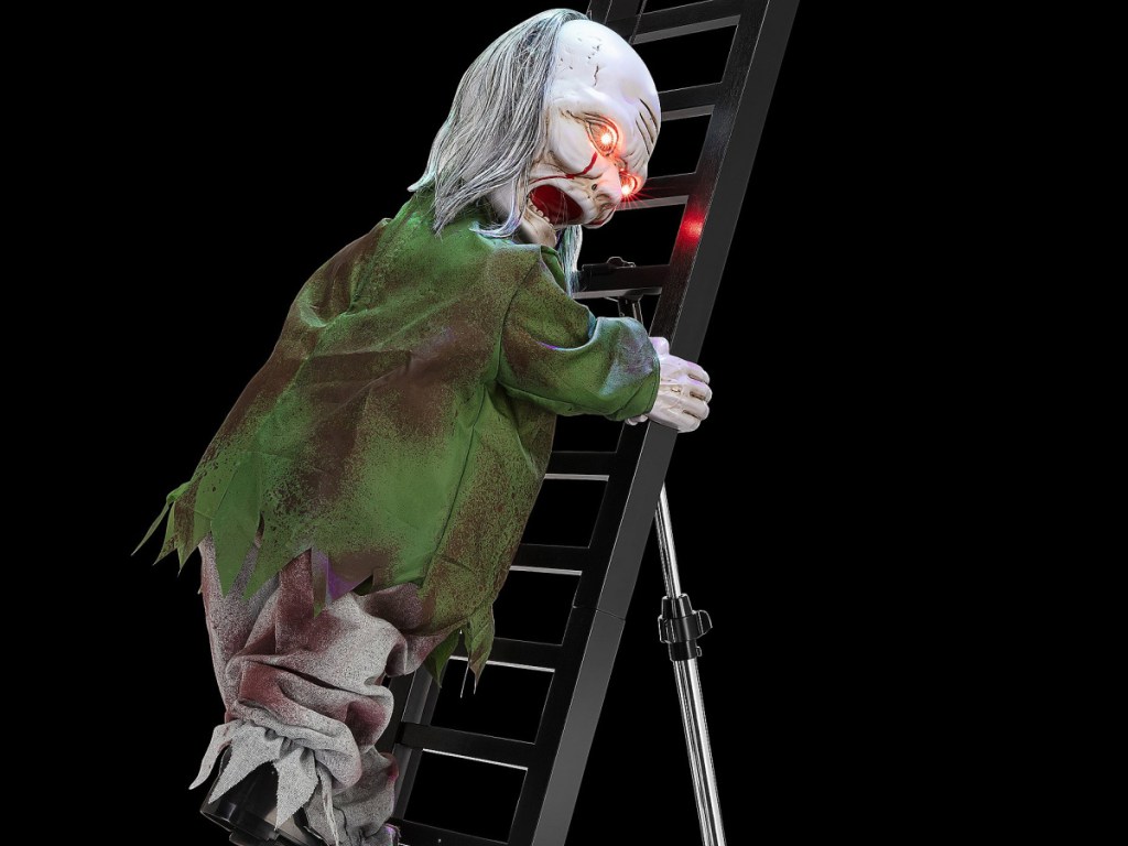 zombie displayed unclose climbing up the ladder with his mouth open