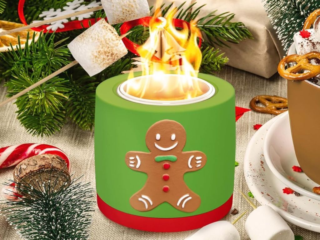 Portable Mini Concrete Tabletop Fire Pit Green w/ Gingerbread Man