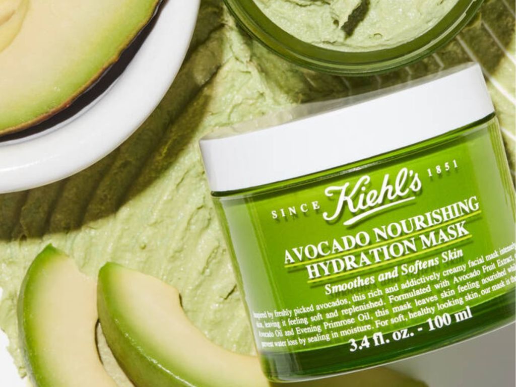 Kiehl's Avocado Nourishing Hydration Mask shown with avocado slices 