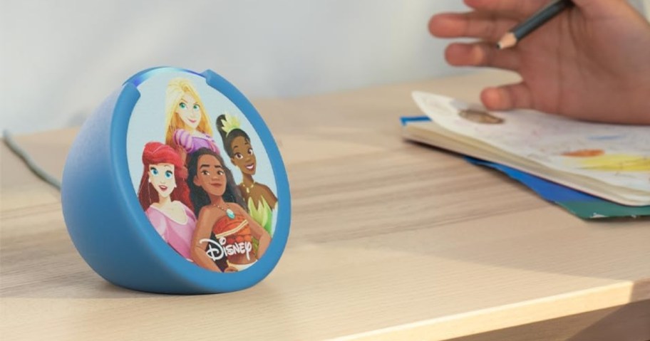 Amazon Echo Pop Kids Disney Princess device on a kids desk