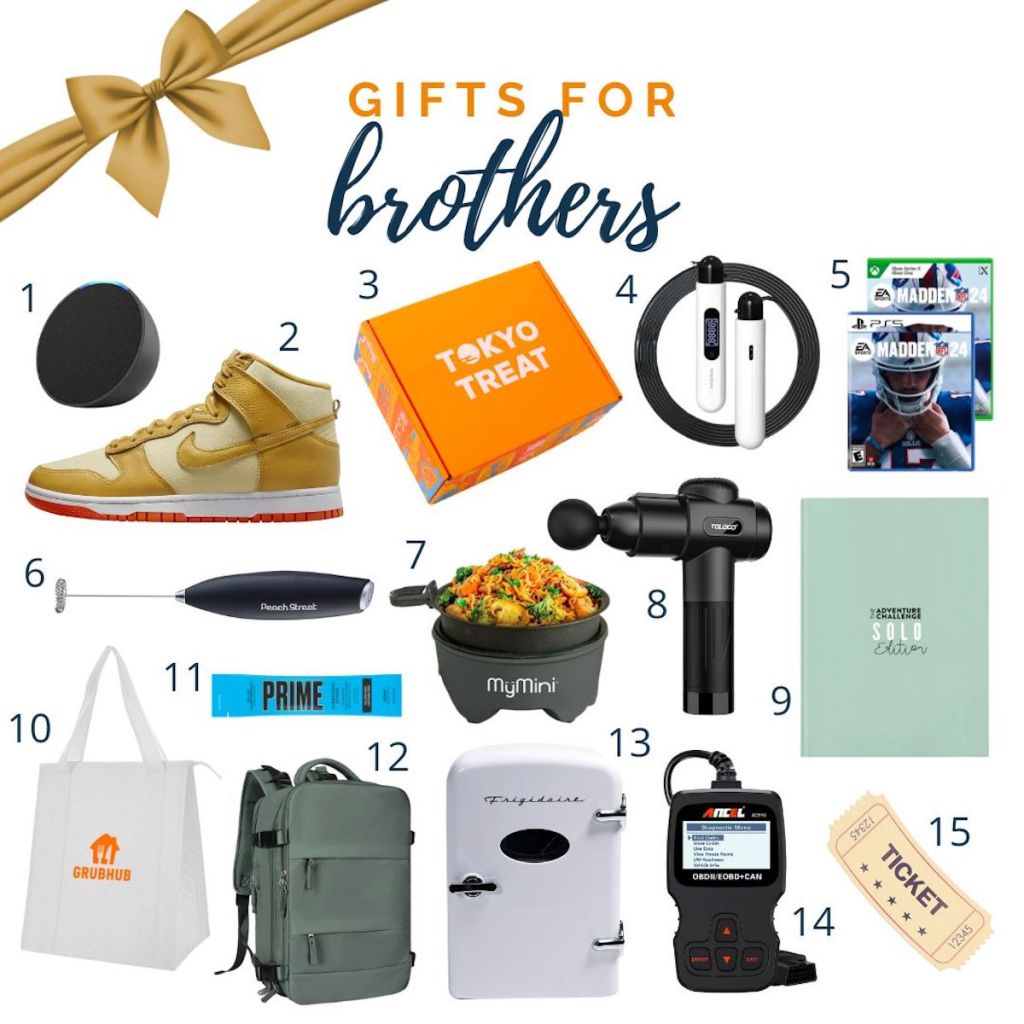 Gifts for brothers, collage with various numbered gift, ideas stock photos
