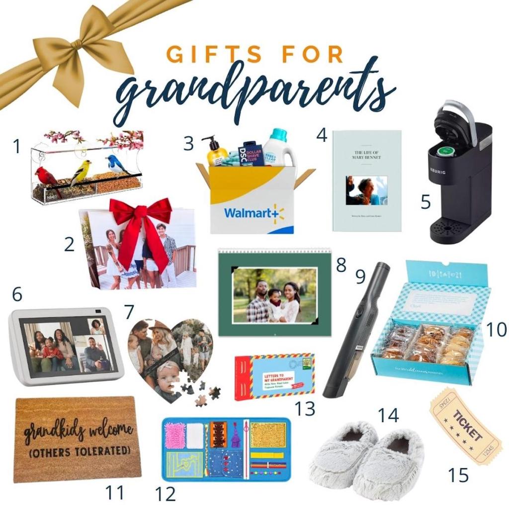 collage graphic with various gift ideas for grandparents