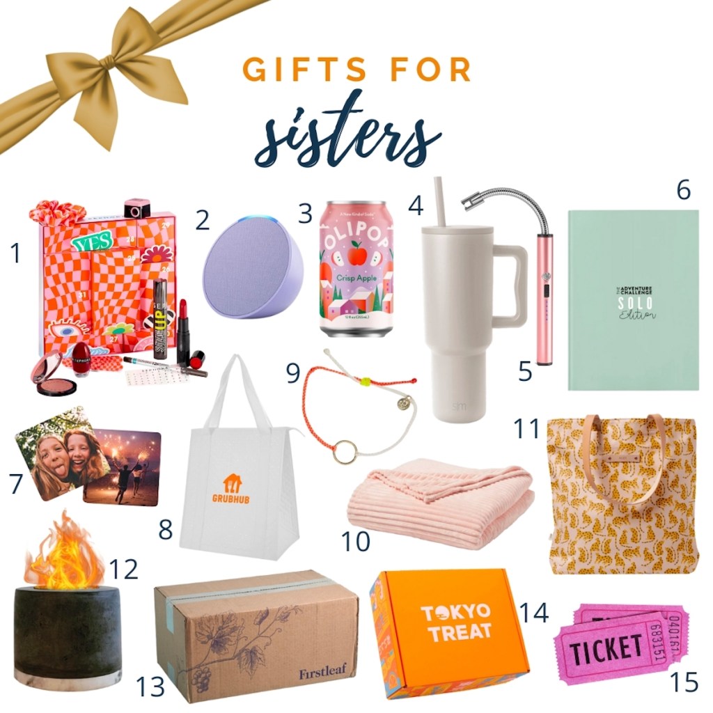 collage graphic with various gifts for sister gift guide